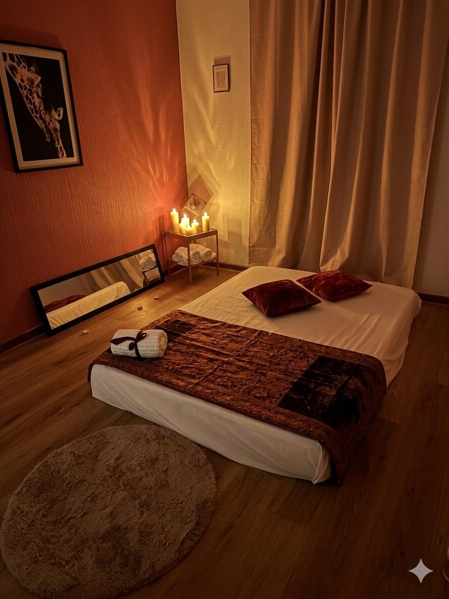 Sala de masaje tántrico con decoración terracota y velas en Málaga